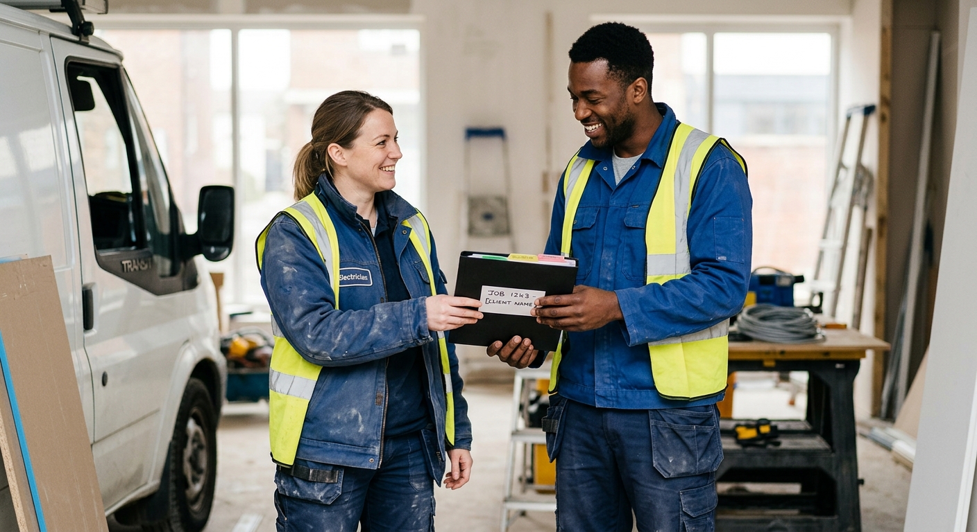 Tradesperson handing over a job file to a colleague with a smile, showing good handover process before taking holiday.