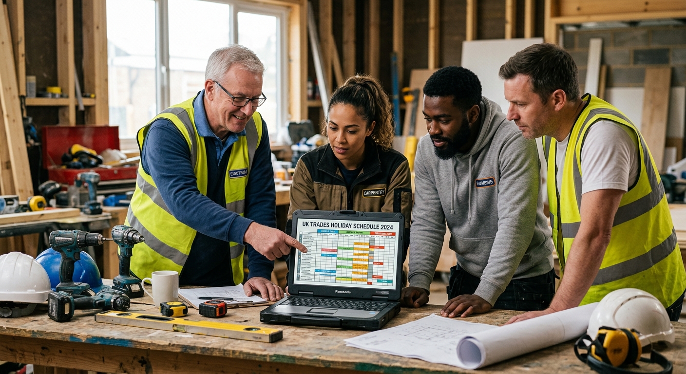 A team of tradespeople gathered around a laptop reviewing a schedule, illustrating collaborative holiday planning.