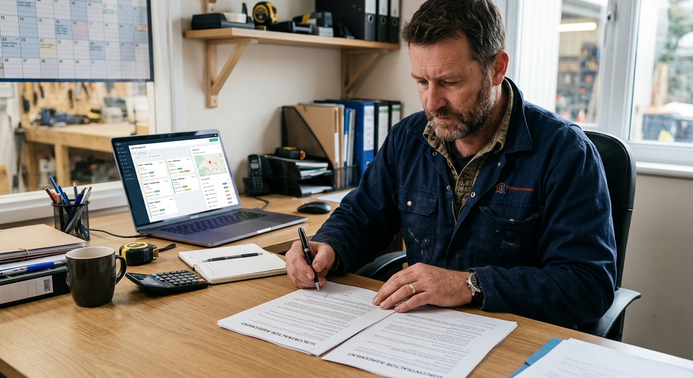 A document showing a detailed subcontractor agreement being reviewed by a tradesperson at a desk. Include a laptop displ