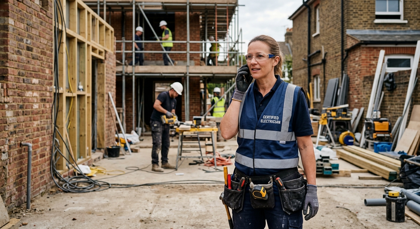 A tradesperson using a mobile phone to communicate with a subcontractor, against the backdrop of a partially completed c