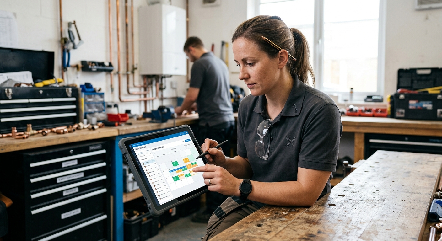 A tradesperson using job management software on a tablet to view and approve holiday requests, with a focus on the sched