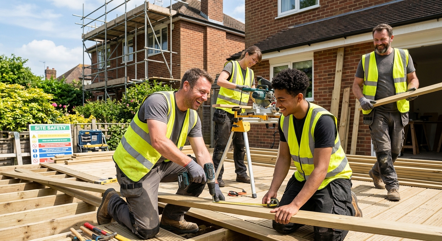 A team of tradespeople working efficiently on a sunny outdoor job, with a focus on the positive atmosphere and good team