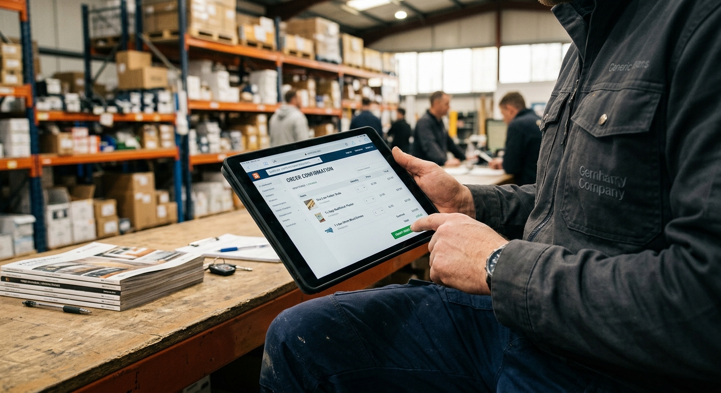 Tradesperson using a tablet to place an order with a supplier, focusing on the user interface of a digital procurement s