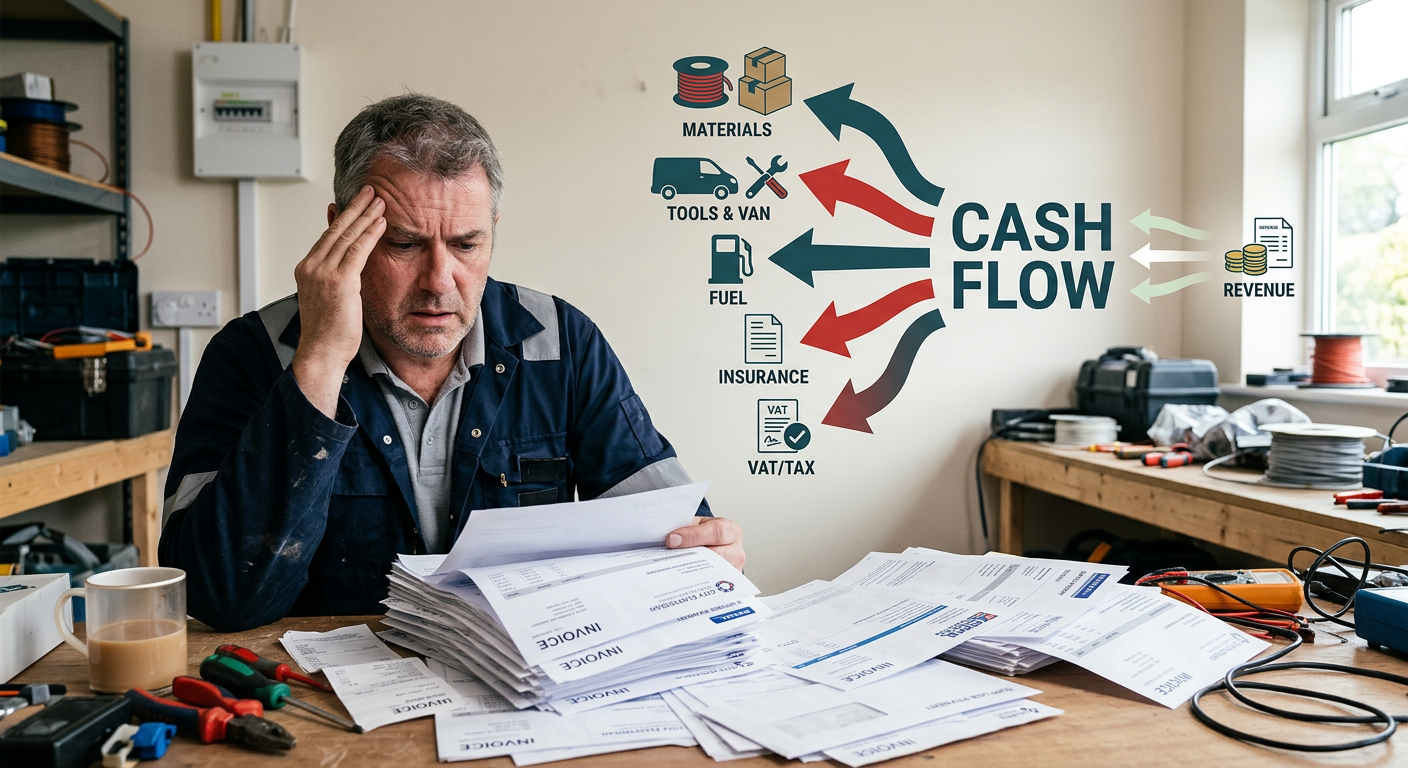 A tradesperson (electrician) looking stressed at a pile of invoices. Overlaid with a graphic showing cash leaving and li