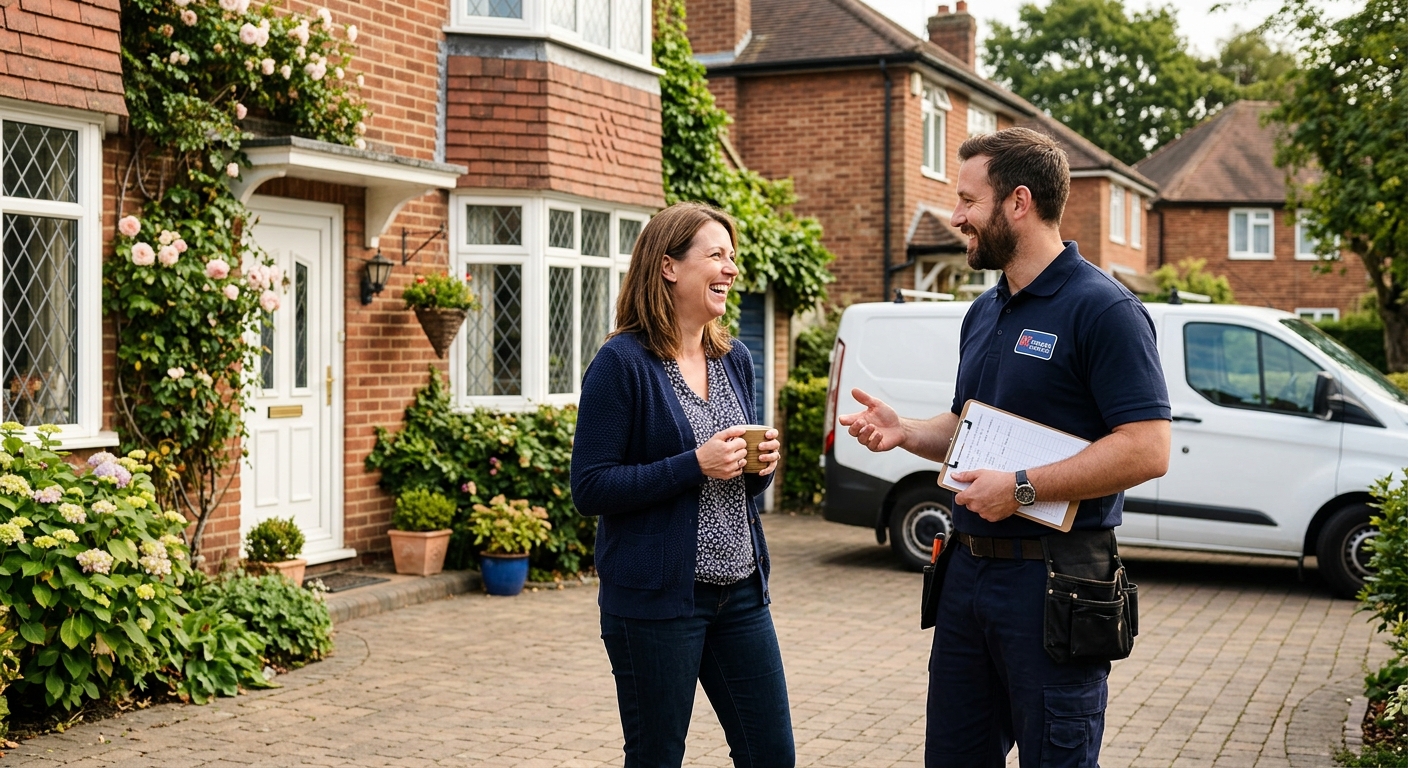 A friendly tradesperson in uniform talking to a homeowner outside their house, both smiling and engaged in conversation.