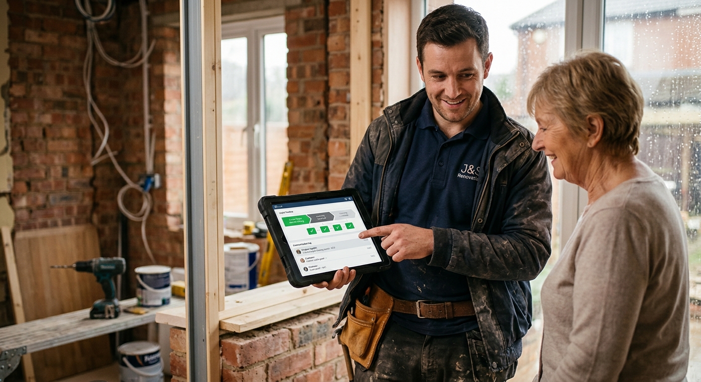 A tradesperson efficiently using job management software on a tablet to update a customer on project progress, showing a
