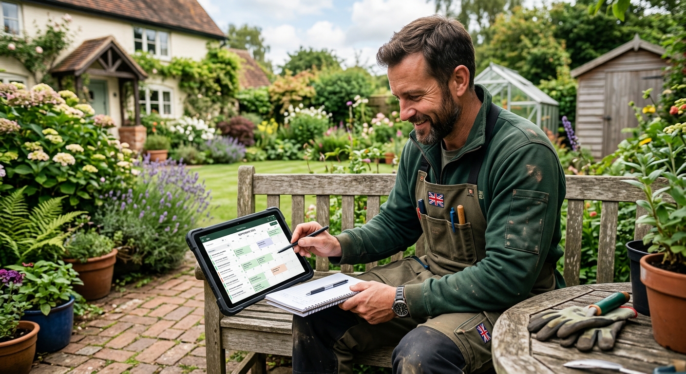 A split-screen image showing a neglected garden on one side and a beautifully maintained garden on the other, with a tra
