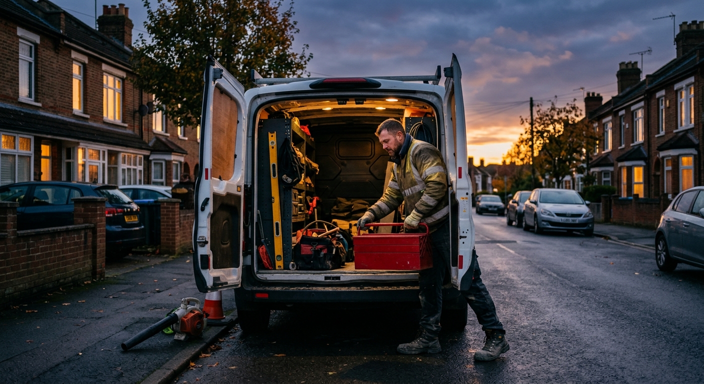 A split image showing a tradesperson working indoors under artificial light on one side, and the same tradesperson worki