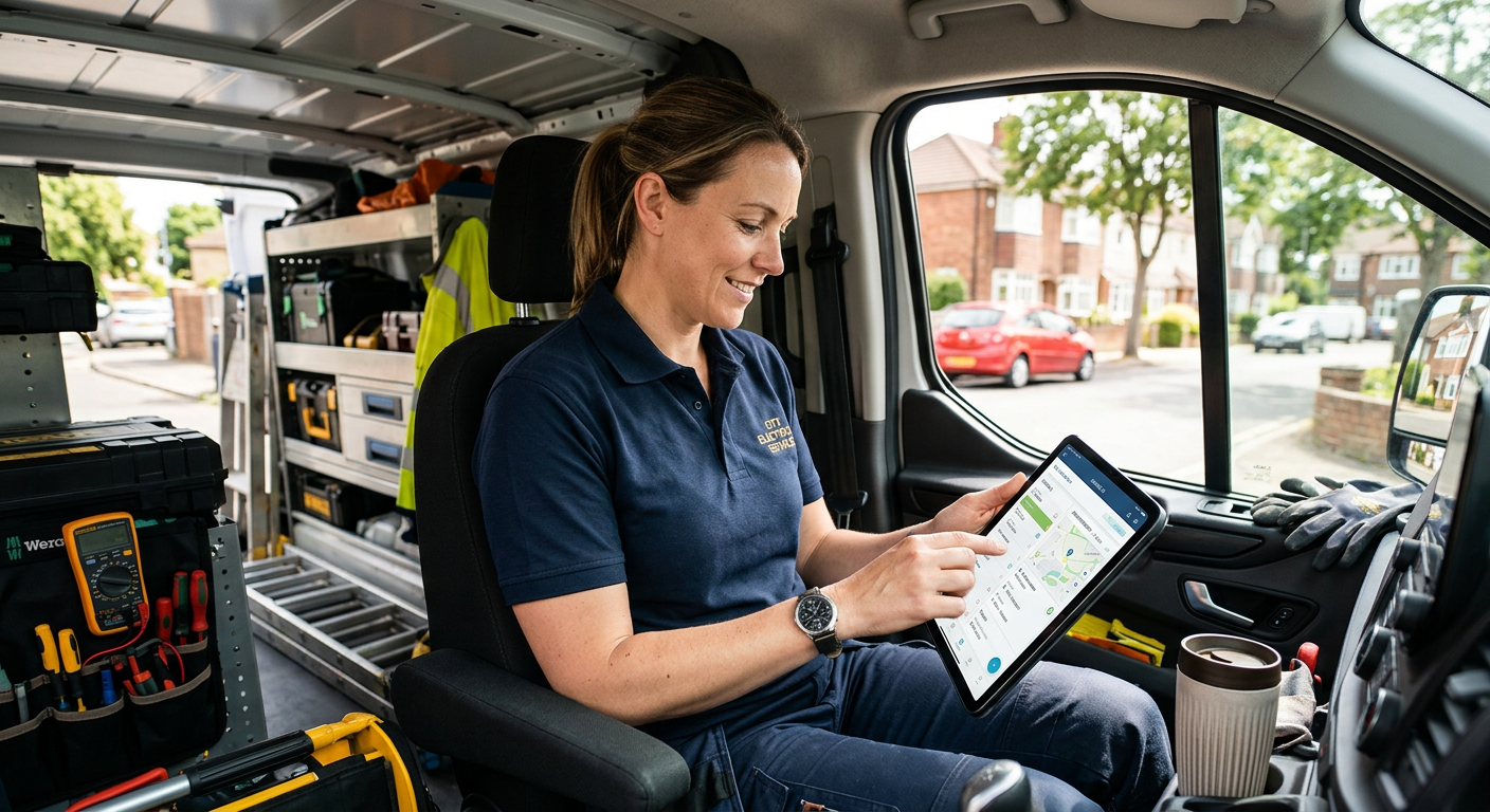 A modern office or van scene showing a tradesperson using a tablet or phone for job management, rela