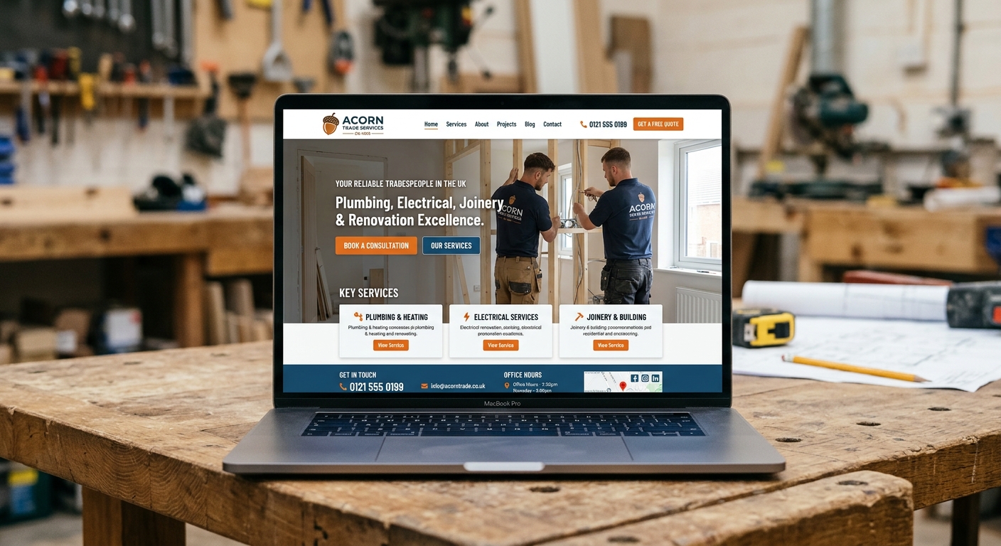 Screenshot of a well-designed tradesperson website with clear call to actions and contact information.
