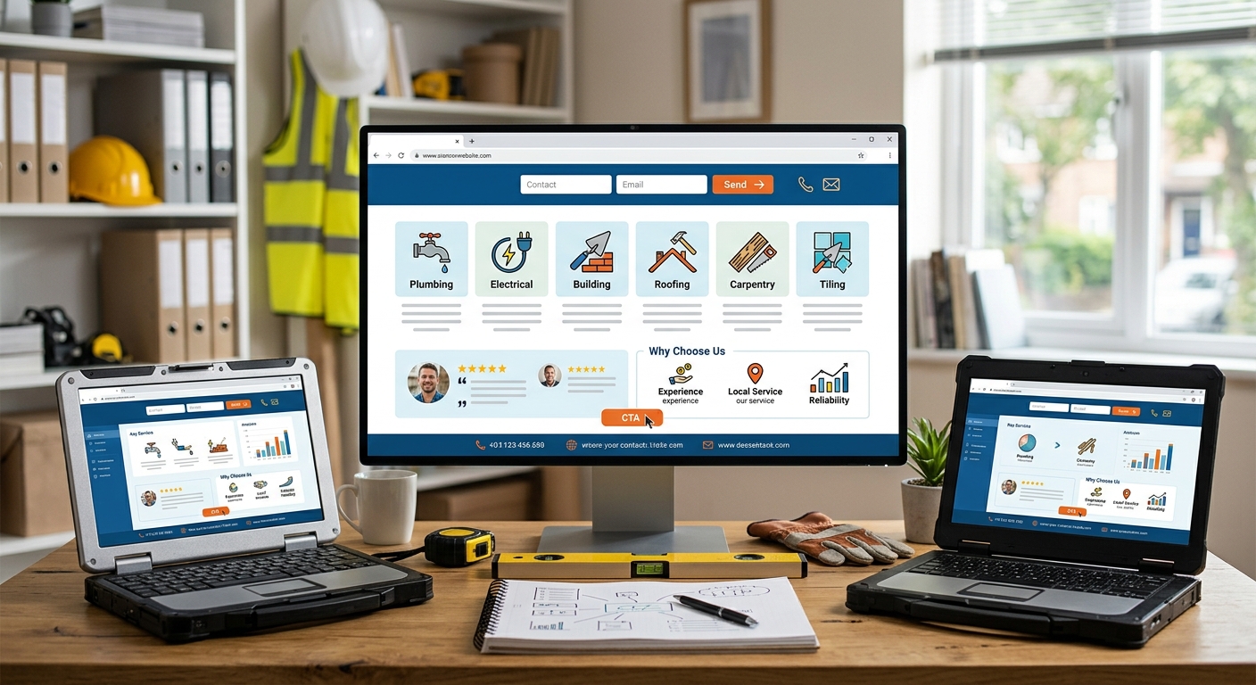 Infographic illustrating the key elements of a lead-generating website, such as contact forms, testimonials, and service