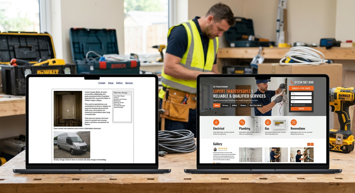 Before-and-after comparison of a basic website and an optimised website, highlighting the improvements in design, user e