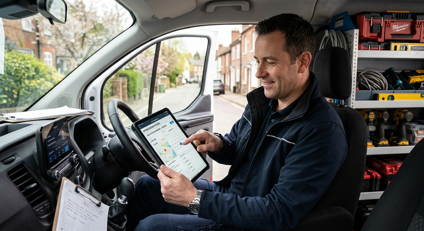 A modern office or van scene showing a tradesperson using a tablet or phone for job management, rela