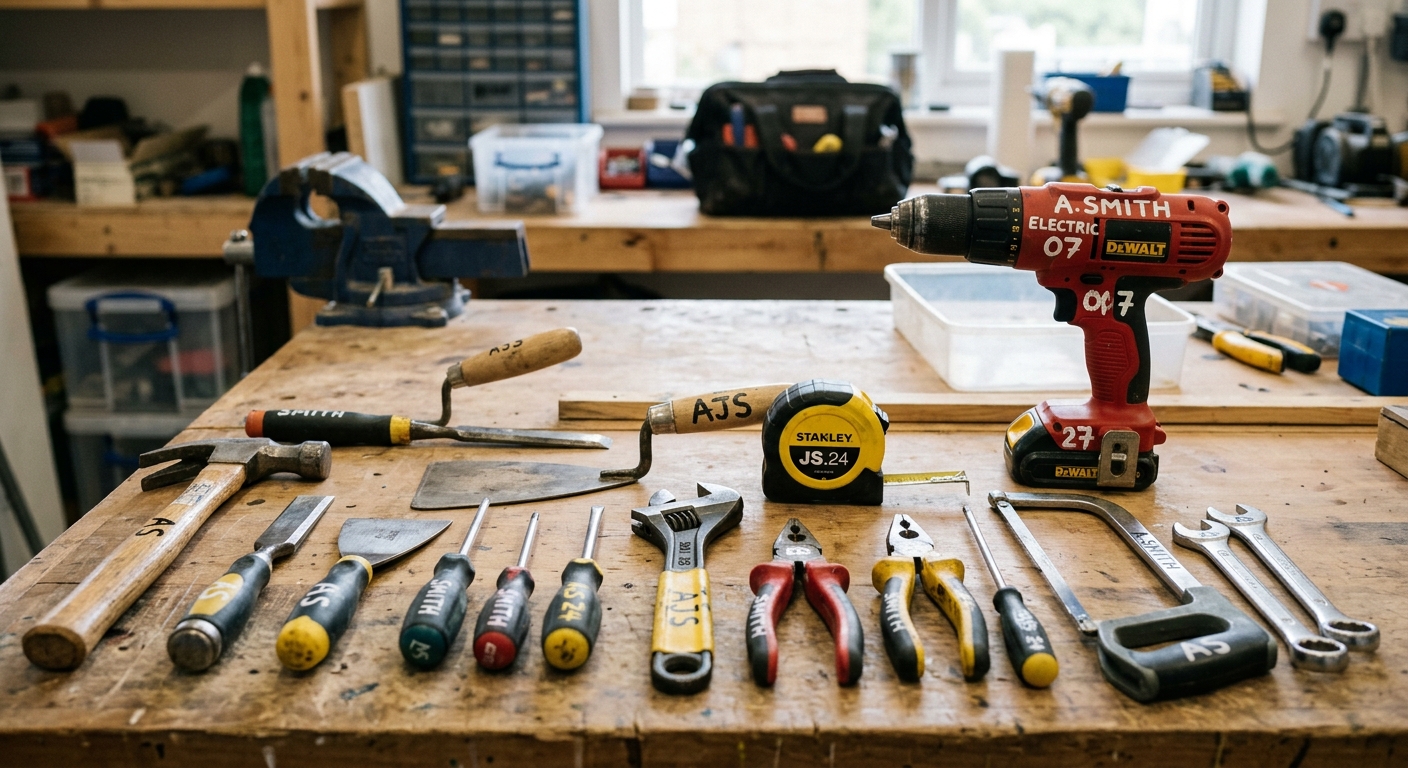 Example of tools marked with a company logo and security marking.
