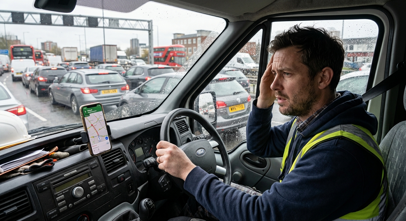 Tradesperson looking stressed in traffic, with a map or navigation app visible.