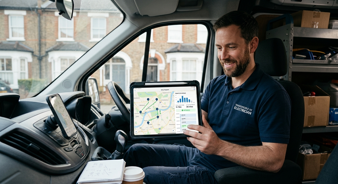 A well-organized daily schedule for a tradesperson, visually highlighting optimized routes and minimized travel time.