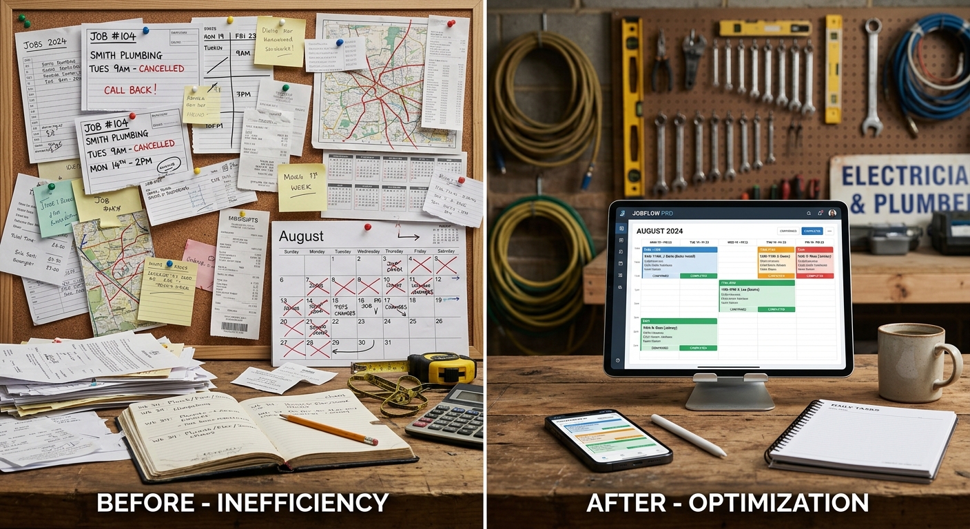 Before and after comparison: messy, inefficient schedule vs. a clean, optimized schedule using job management software.