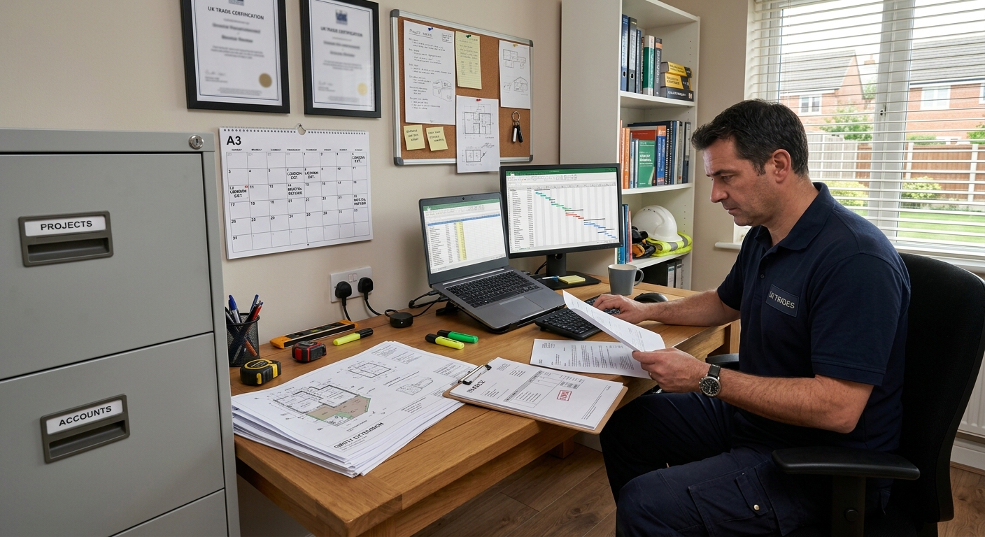A well-organised home office setup for a UK tradesperson. Focus on practicality and efficiency. Include a computer, fili