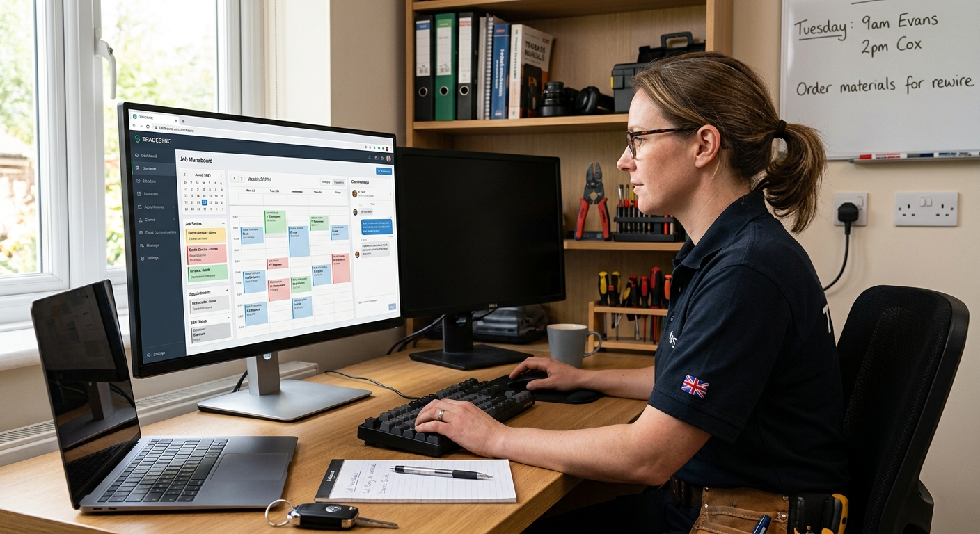 A tradesperson working efficiently in their home office, using job management software on their computer. Show them revi