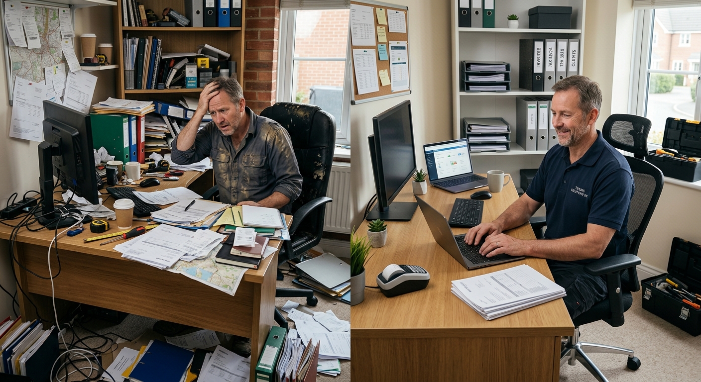A cluttered vs. organised home office. One side represents the chaos of neglecting admin tasks, while the other shows th