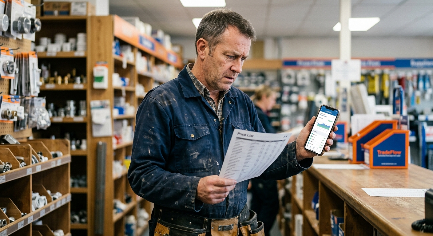 A tradesperson (e.g., builder) looking concerned at a suppliers price list, holding a smartphone with the TradeFlow app