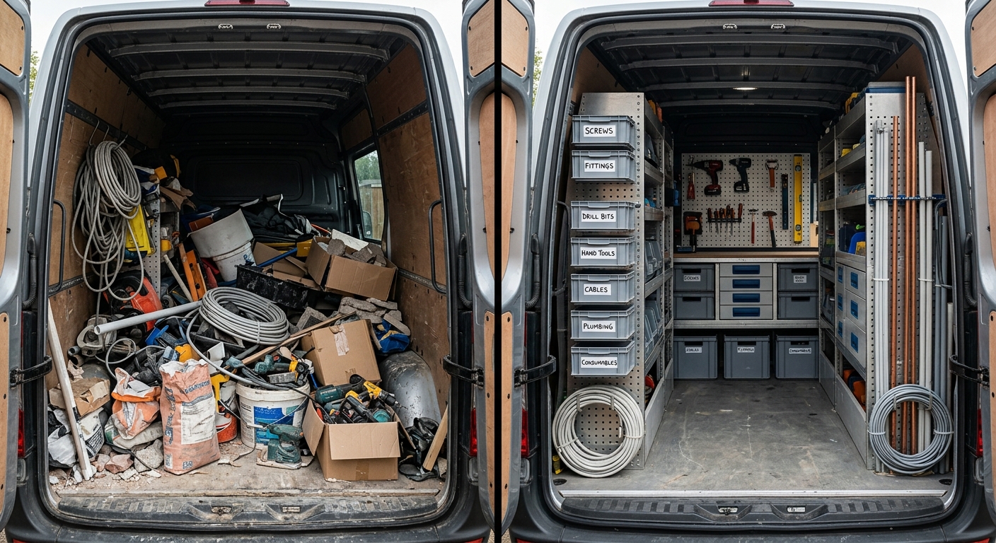 A split image: one side showing a disorganized van full of materials, the other side showing an organized van with clear
