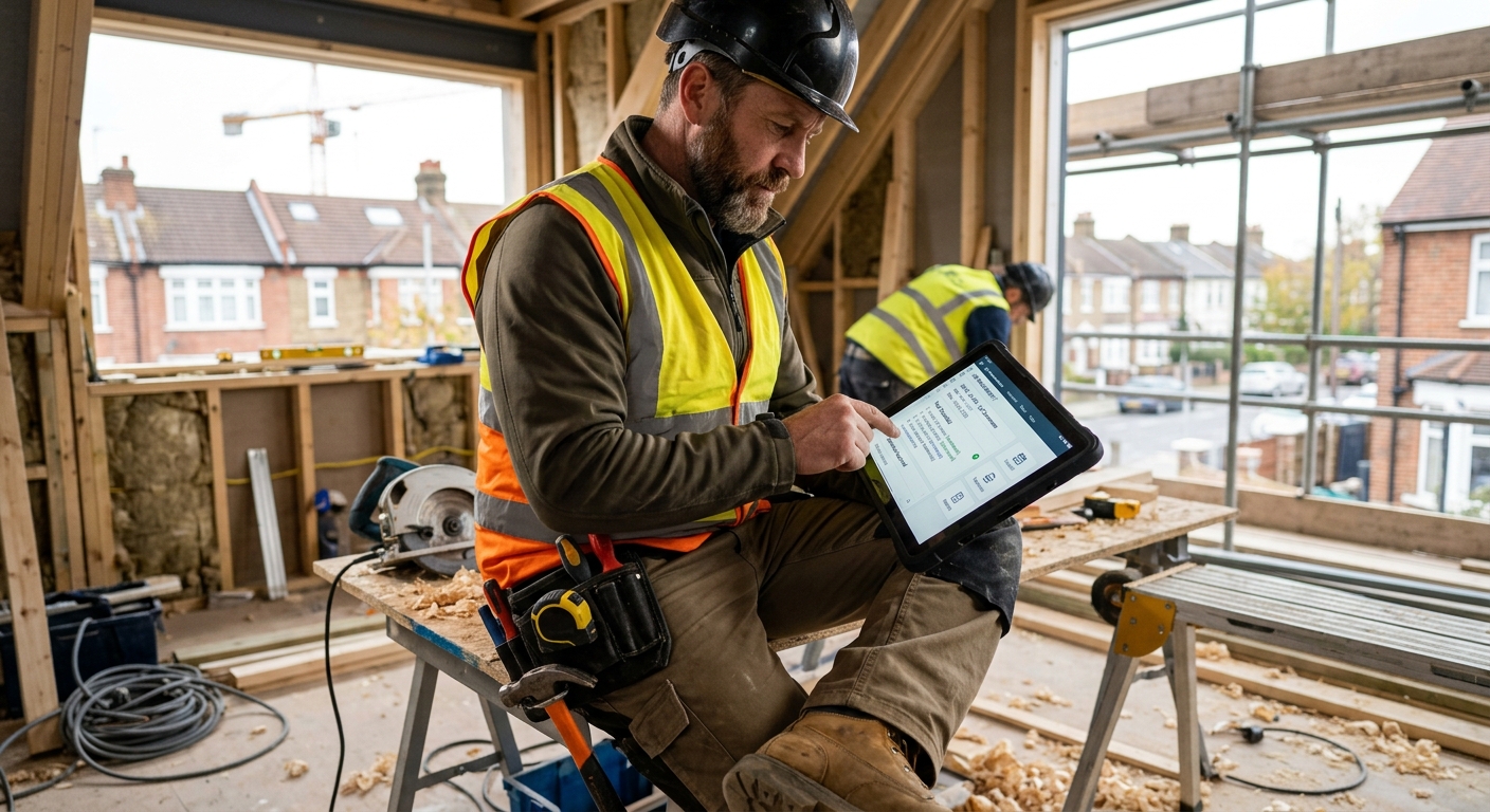 A tradesperson using a tablet on a job site, showcasing a job management app interface.