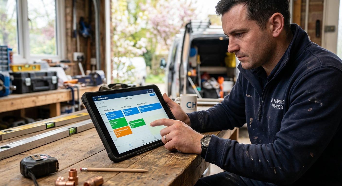 A calendar view within a job management app, showing a busy but well-organised schedule for a tradesperson during the sp
