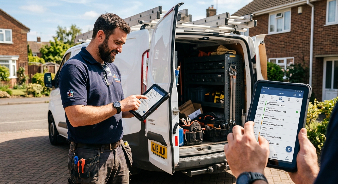 Tradesperson using a tablet to view and manage their spring job schedule.