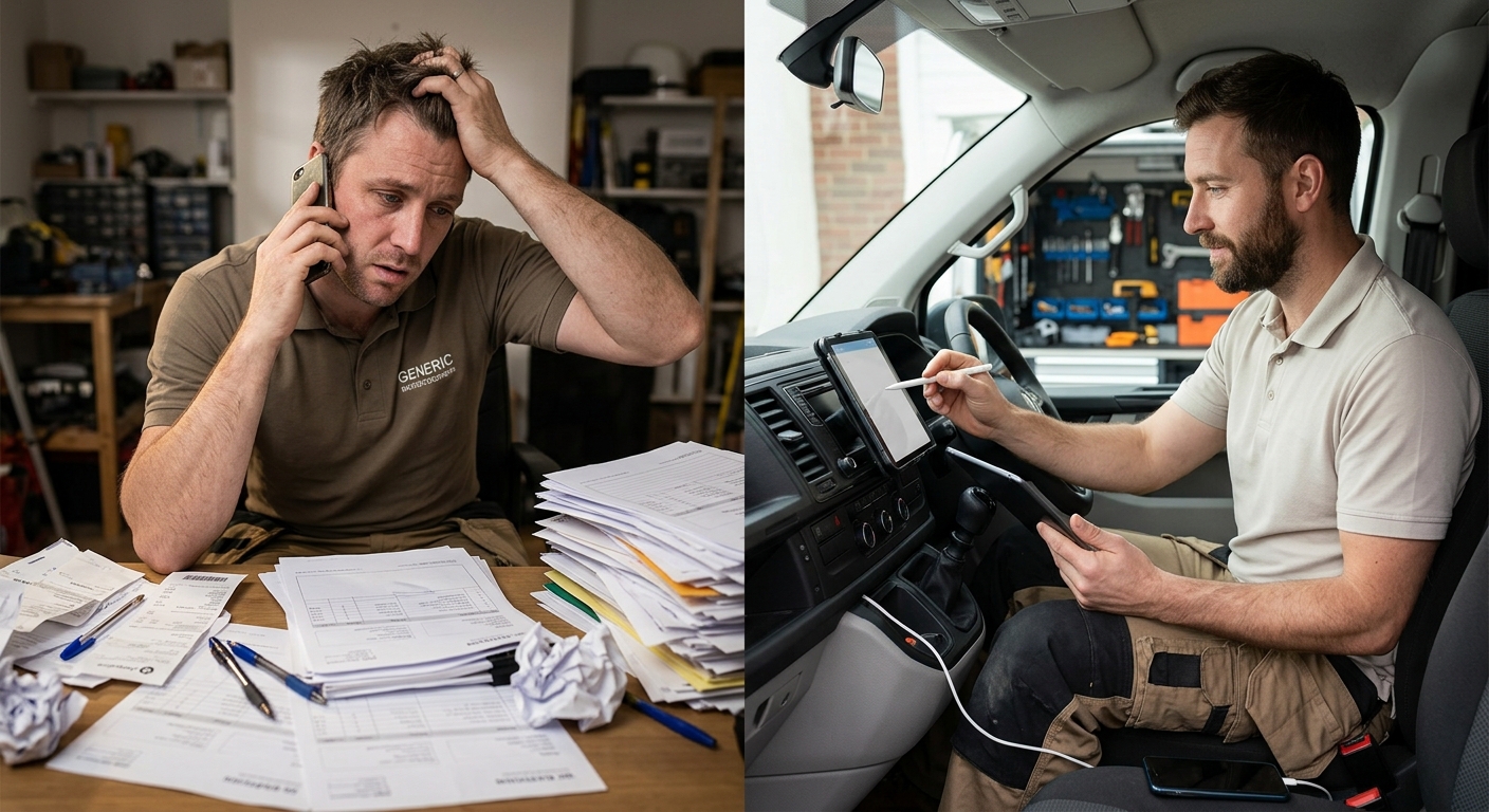 Tradesperson looking stressed and overwhelmed vs. a tradesperson looking calm and in control thanks to effective job man