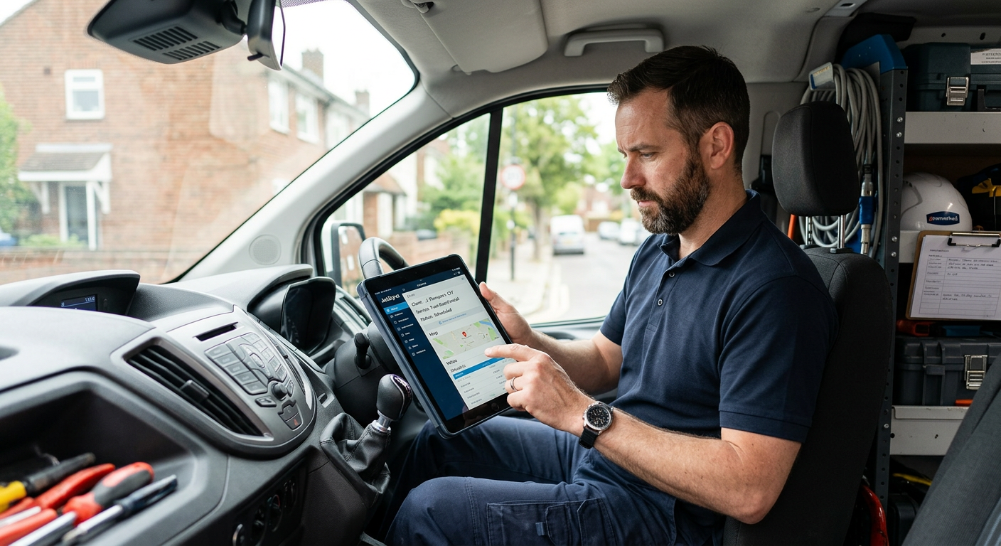 A modern office or van scene showing a tradesperson using a tablet or phone for job management, rela