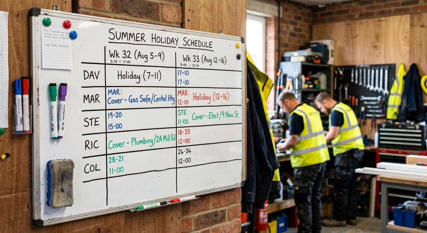 A split screen showing a frustrated client on one side (representing a delayed job) and a tradesperson smoothly handling