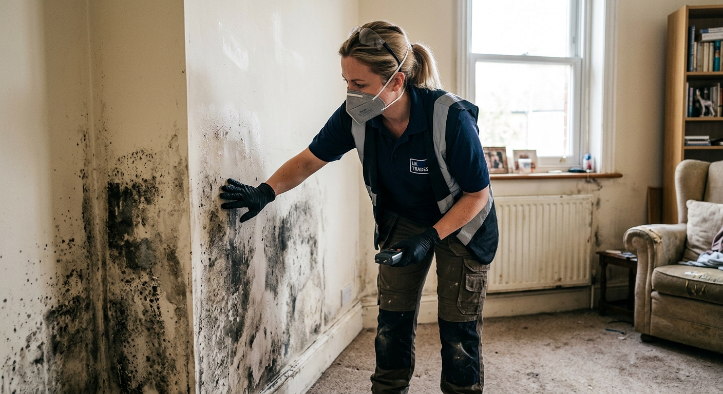 A tradesperson using a damp meter to measure moisture levels in a wall, with a clear reading displayed. Show the surroun