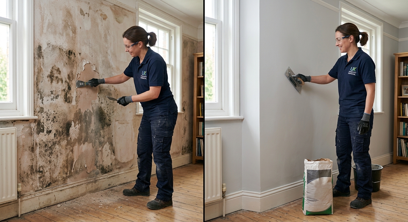 A split image showing a before-and-after of a damp wall being treated by a tradesperson, highlighting the effectiveness
