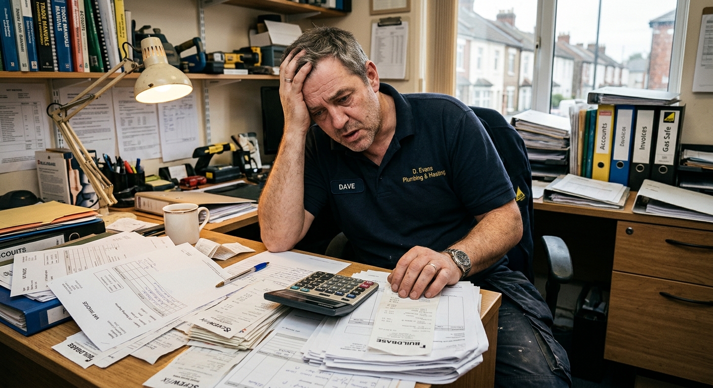Tradesperson (plumber) looking stressed at a pile of paperwork, with a calculator and receipts scattered around.