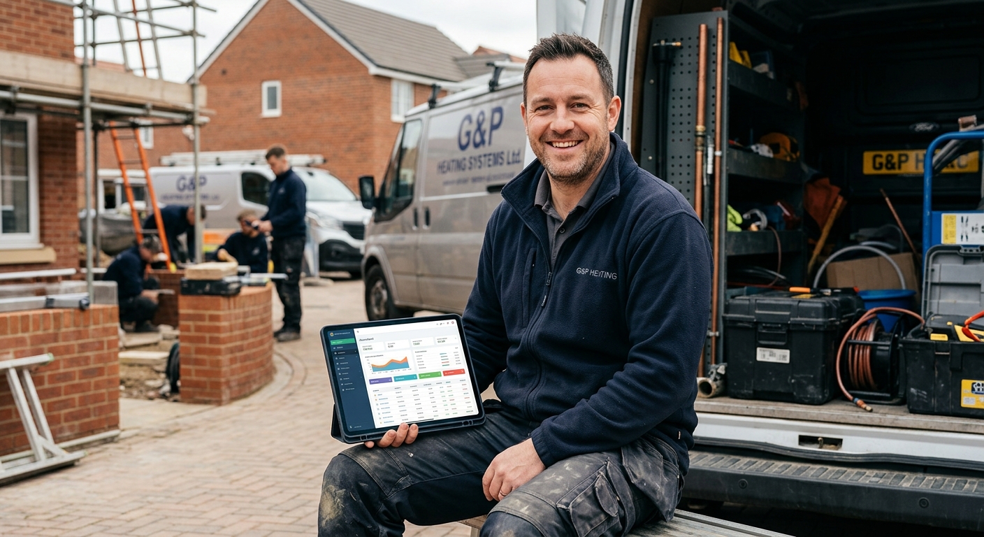Tradesperson smiling, holding a tablet and looking relaxed, representing the peace of mind that comes with organised fin