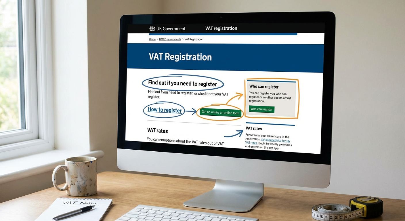 Illustration of a tradesperson looking confused at a pile of paperwork related to VAT, with the TradeFlow logo subtly in