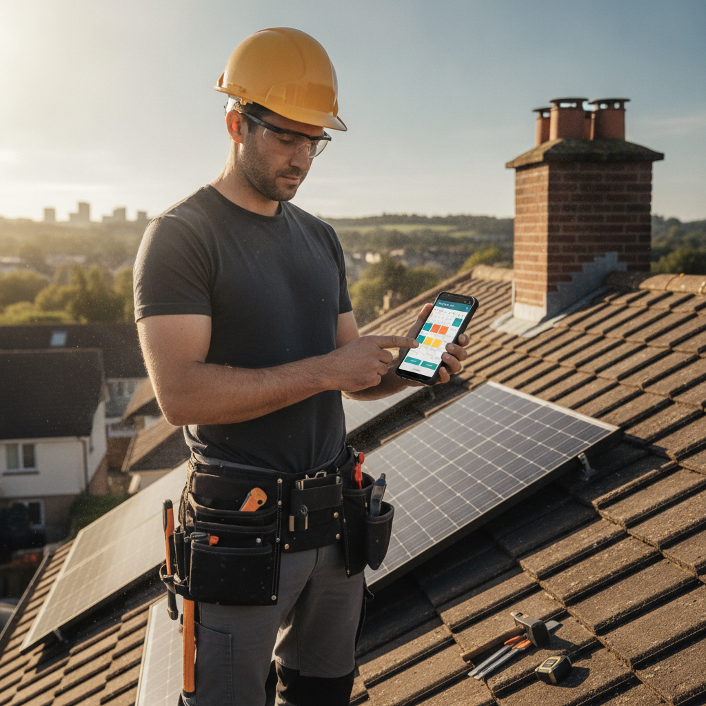 A UK tradesperson (e.g., a builder or roofer) checking their mobile phone, using a job management app to reschedule or r