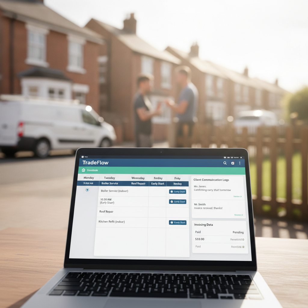 A clean, well-organised TradeFlow dashboard on a laptop screen, displaying an optimised schedule for a week, with some j