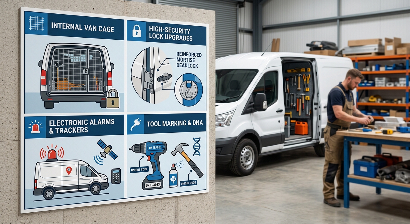 A tradespersons van parked in a well-lit area with visible CCTV cameras. The van is also equipped with an alarm system,